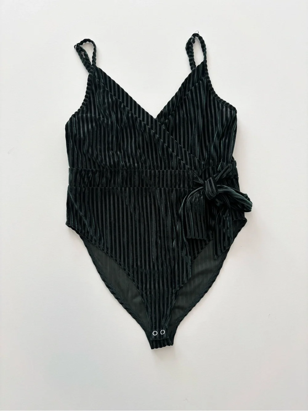 Forever 21 Dark Green Velvet-Striped Body Suit with Side Tie